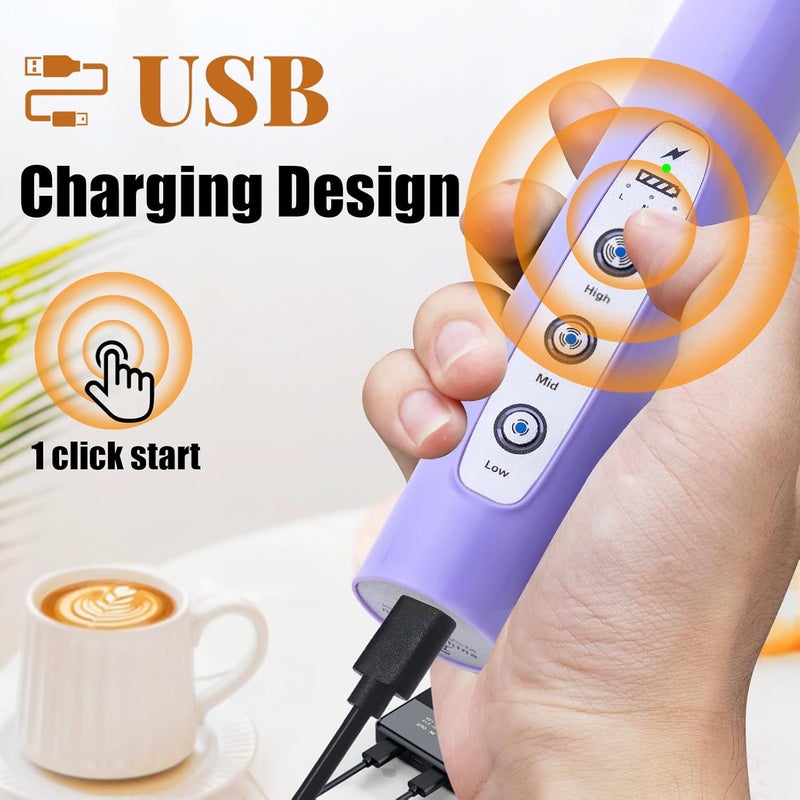 Nahida Light Purple Milk Frother Wand for Coffee, Frother Handheld Rechargeable Electric Whisk with 3 Heads 3 Speeds Drink Mixer Coffee Frother Foam Maker For Latte, Cappuccino, Hot Chocolate, Egg - Image 2